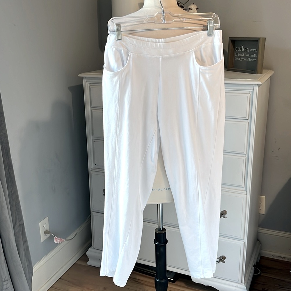 Onque Casual White Knit Pants Womens Medium Comfy Business Casual Cropped - Picture 3 of 8
